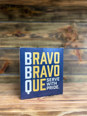 This is the back view of the box and it says Bravo Bravo Que Serve with Pride. 